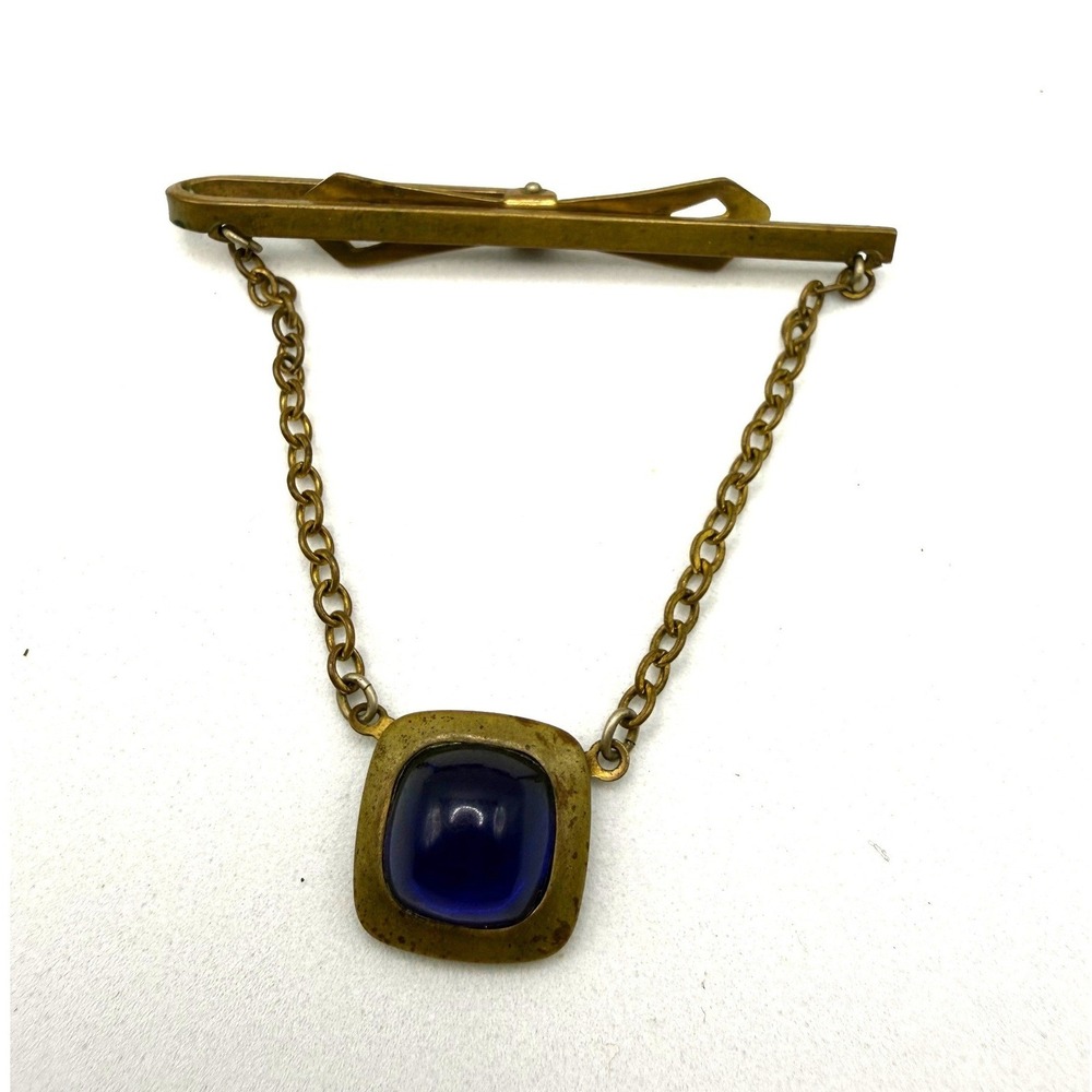 Vintage Brass Tie Bar Blue Cabochon Stone Dangling Chain Mens Accessory